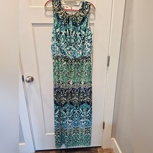 London Times Ikat Print Maxi Dress Size 10 Sleeveless Blue Green Boho Vacation